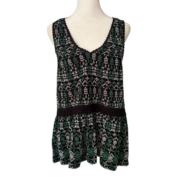 Maeve Anthropologie navy green & white embroidered v-neck tank top size S NWT - Picture 1 of 13